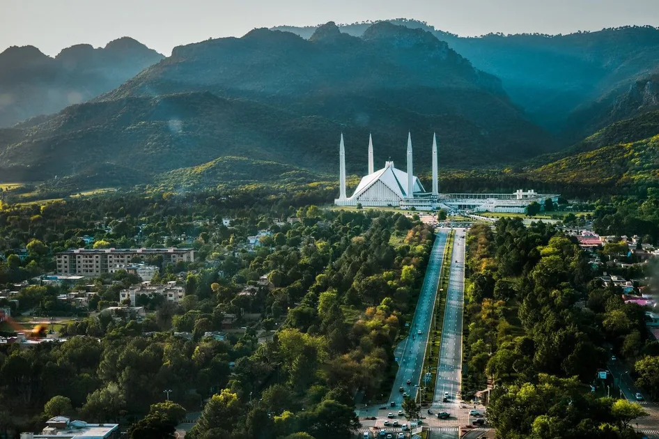 Faisal Mosque and the green hills of Islamabad