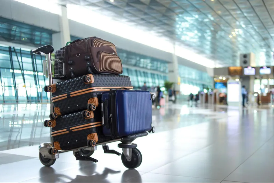 Suitcases stacked on a trolley in an airport terminal